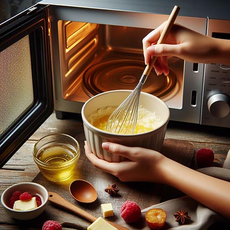 Unas manos moviendo mantequilla derretida y un microondas abierto